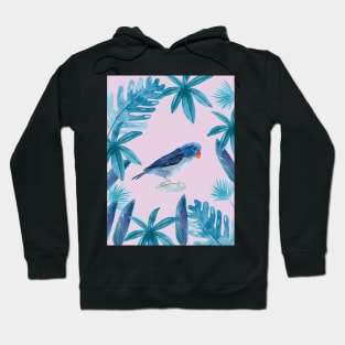 Blue Pacific Parrotlet with tropical leaves and violet background Hoodie